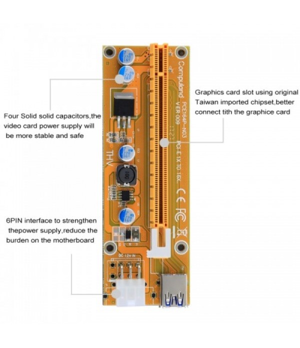 VER006C USB 3.0 PCI-E Express 1x Extender Riser Card Adapter 6 Pin Power Cable Compatible with 1x, 4x, 8x, 16x PCI-E Slot of the Motherboard with 60cm Cable (Yellow)