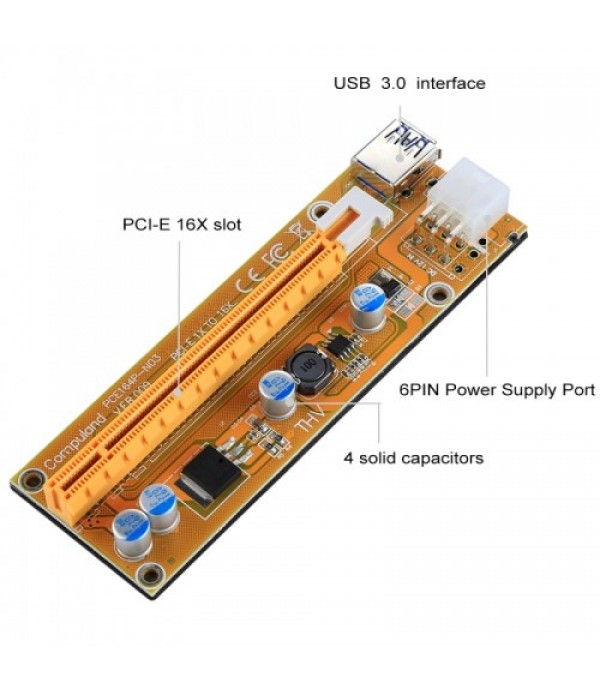 VER006C USB 3.0 PCI-E Express 1x Extender Riser Card Adapter 6 Pin Power Cable Compatible with 1x, 4x, 8x, 16x PCI-E Slot of the Motherboard with 60cm Cable (Yellow)