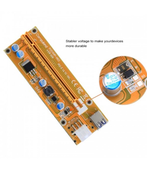 VER006C USB 3.0 PCI-E Express 1x Extender Riser Card Adapter 6 Pin Power Cable Compatible with 1x, 4x, 8x, 16x PCI-E Slot of the Motherboard with 60cm Cable (Yellow)