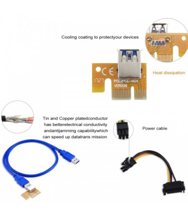 VER006C USB 3.0 PCI-E Express 1x Extender Riser Card Adapter 6 Pin Power Cable Compatible with 1x, 4x, 8x, 16x PCI-E Slot of the Motherboard with 60cm Cable (Yellow)