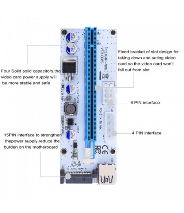 USB 3.1 PCI-E Express 1x to 16x PCI-E Extender Riser Card Adapter 15 Pin SATA Power with 60cm USB Cable (Blue)