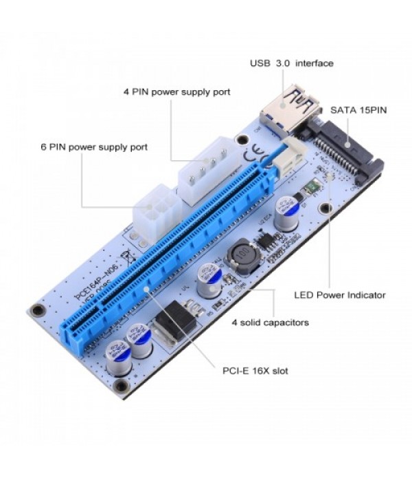 USB 3.1 PCI-E Express 1x to 16x PCI-E Extender Riser Card Adapter 15 Pin SATA Power with 60cm USB Cable (Blue)