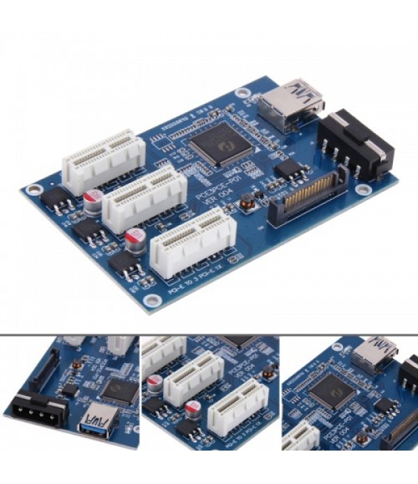 PCI-E 1 to 3 PCI Express 1 Slots Riser Card 3 PCI-E Slot Adapter PCI-E Port Multiplier Card with 60cm USB Cable (Blue)