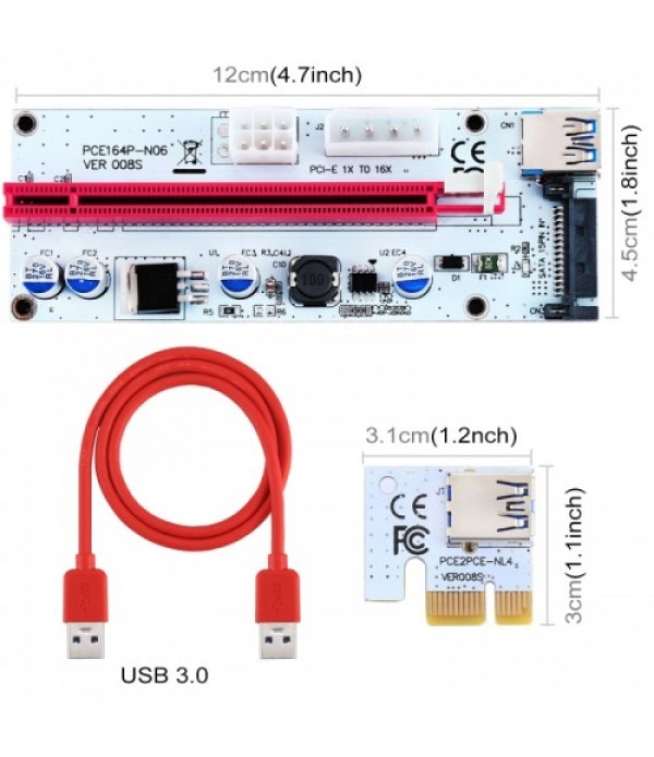 PCE164P-N06 VER008S USB 3.0 PCI-E Express 1x to 16x PCI-E Extender Riser Card Adapter 15 Pin SATA Power with 60cm USB Cable (Red)