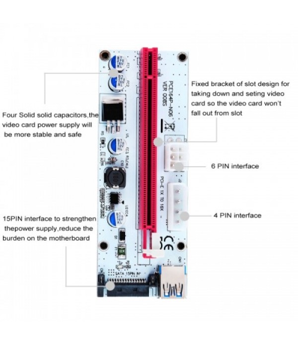 PCE164P-N06 VER008S USB 3.0 PCI-E Express 1x to 16x PCI-E Extender Riser Card Adapter 15 Pin SATA Power with 60cm USB Cable (Red)