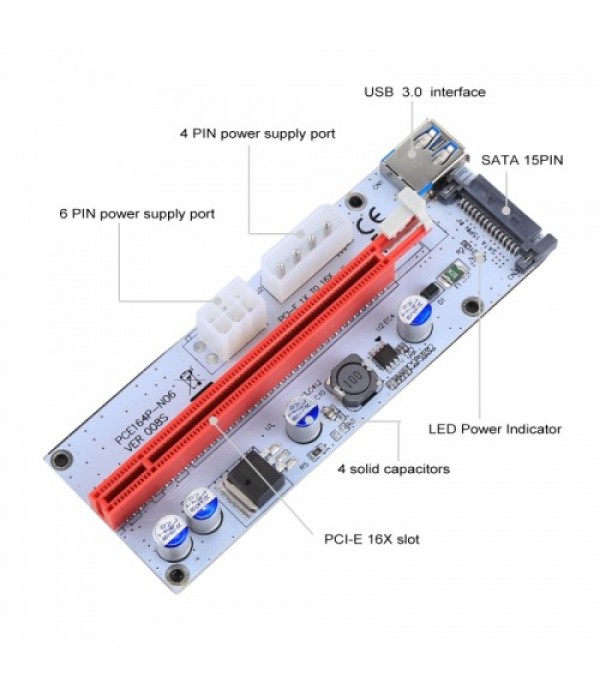 PCE164P-N06 VER008S USB 3.0 PCI-E Express 1x to 16x PCI-E Extender Riser Card Adapter 15 Pin SATA Power with 60cm USB Cable (Red)